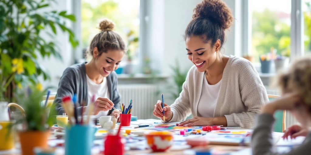 Art therapy session with individuals painting and smiling.