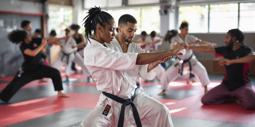 Diverse individuals training in a martial arts dojo.