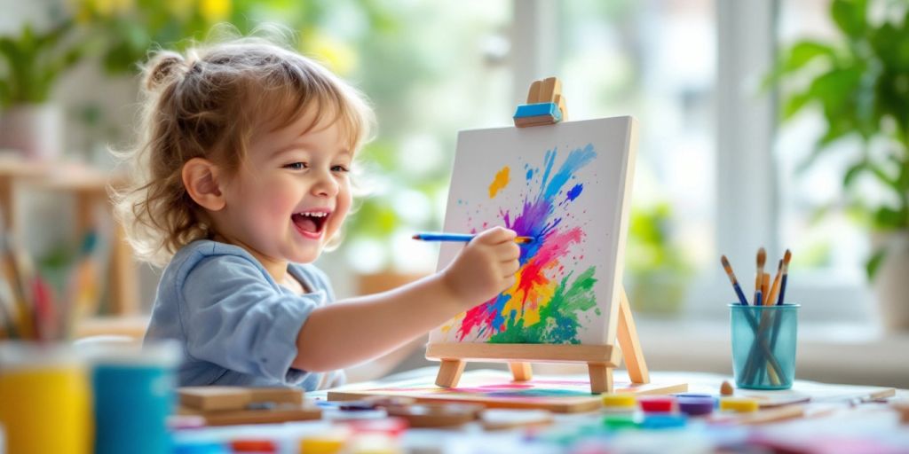 Child painting with bright colors, showcasing creativity and joy.