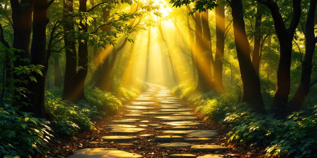 Tranquil forest path representing emotional healing journey.