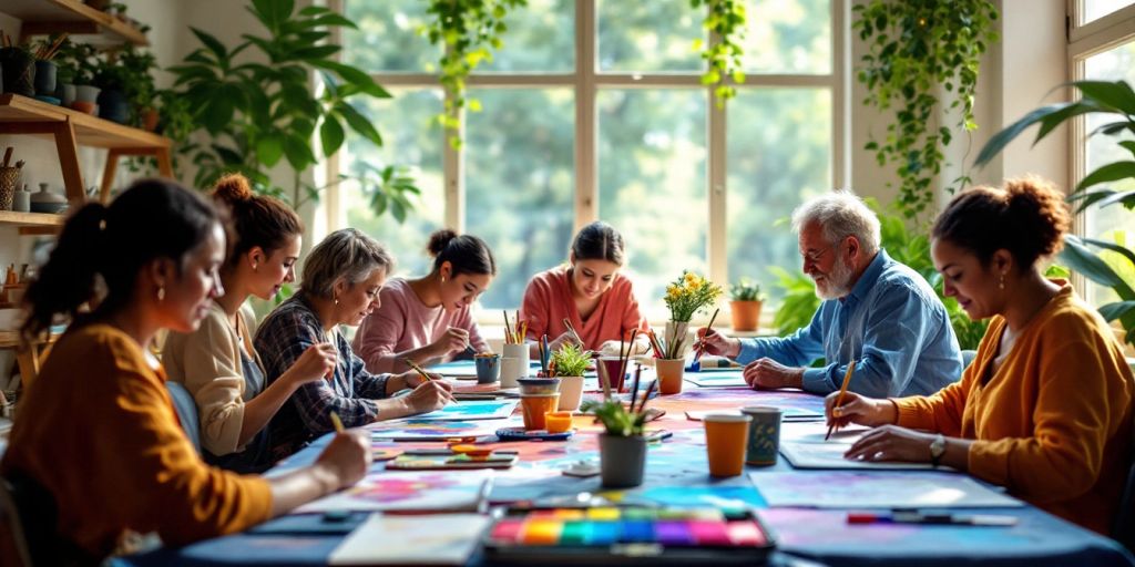 Group of people engaged in art therapy session.