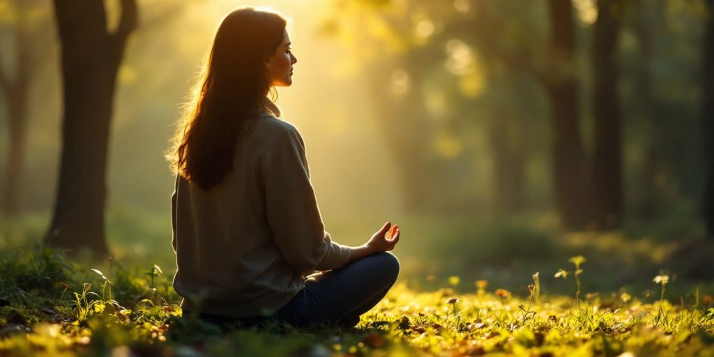 Person meditating peacefully in a serene natural setting.