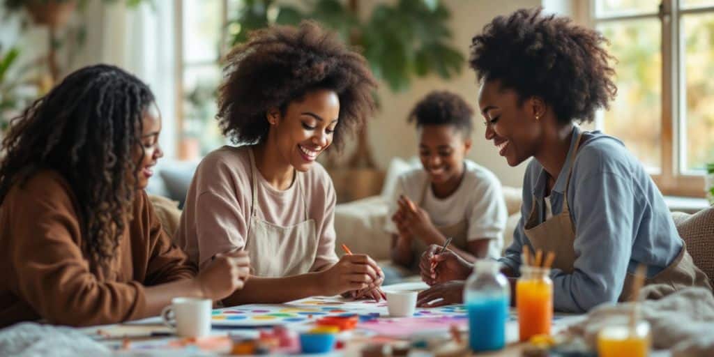 Group therapy session with people engaging in art activities.