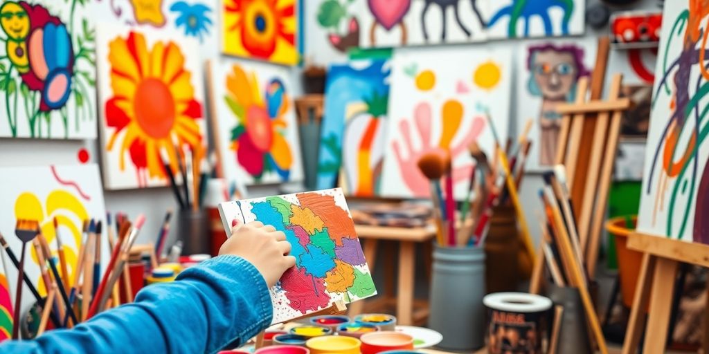 Artist painting in a colorful, vibrant art studio.