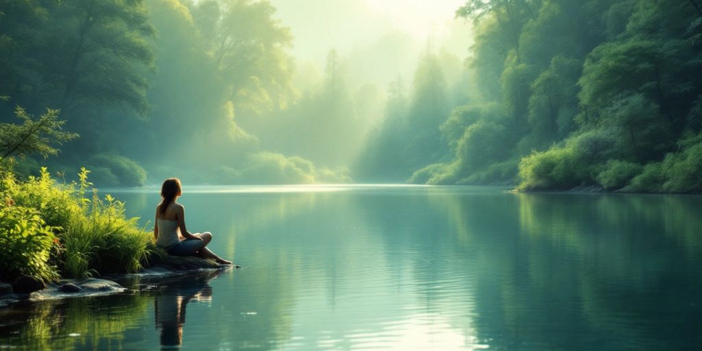 A peaceful lakeside scene with a person reflecting.