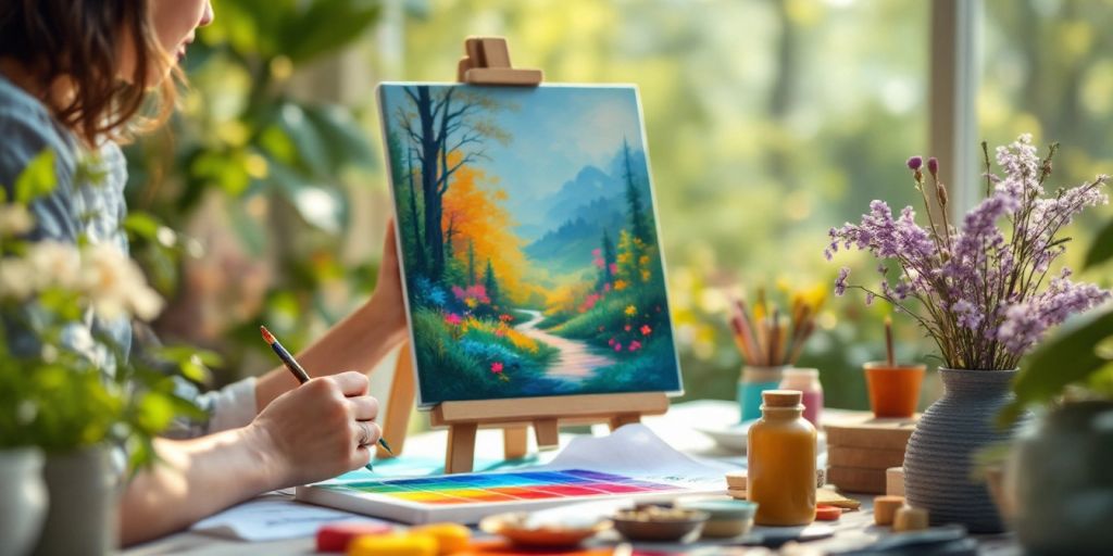 Person painting in a peaceful art therapy setting.