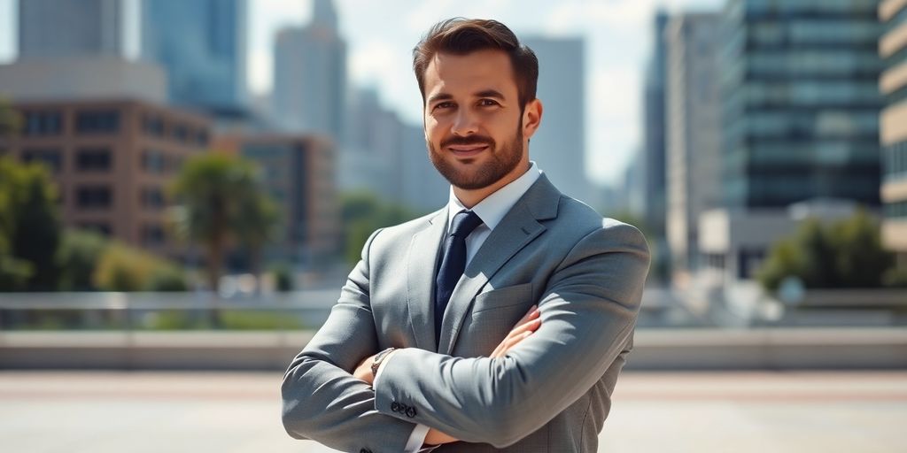 Confident man in a suit with crossed arms outdoors.