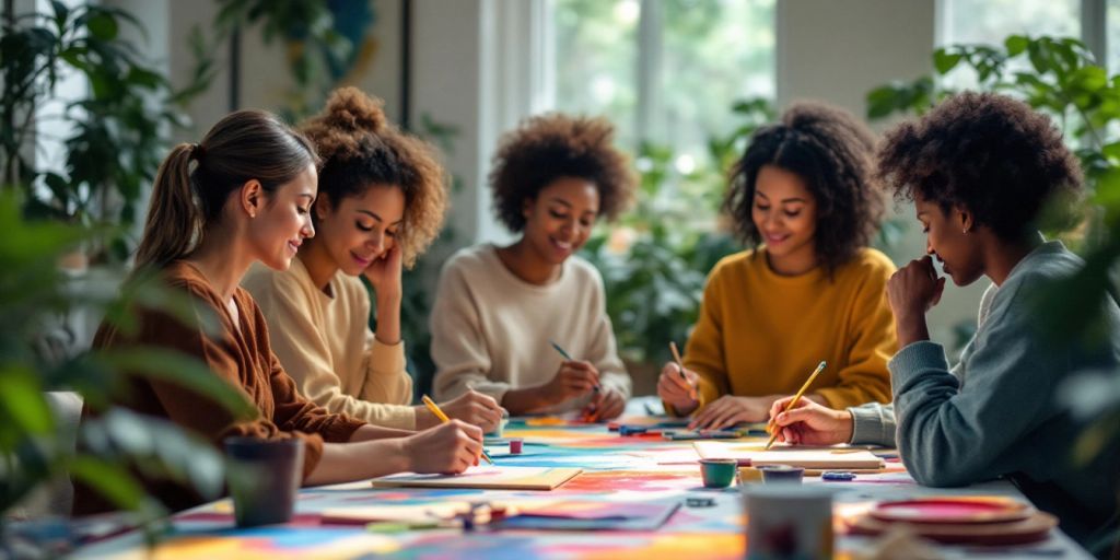 Group of people engaged in art therapy session.