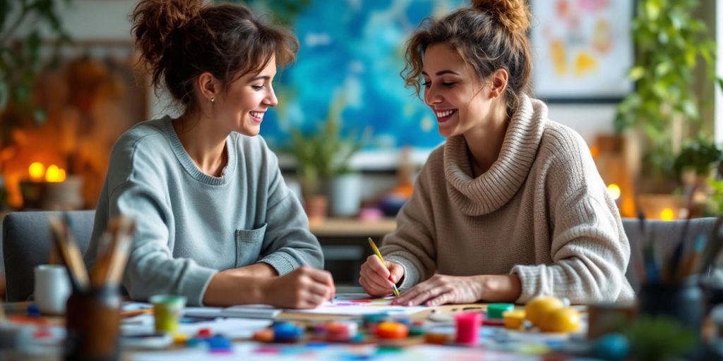 Therapist and patient engaged in creative expression activity.