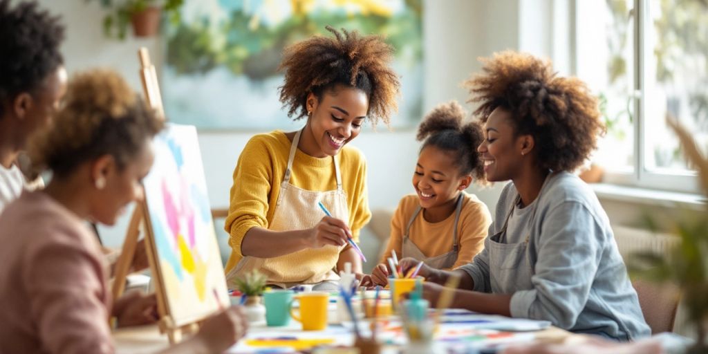 People painting together in a calming art therapy session.