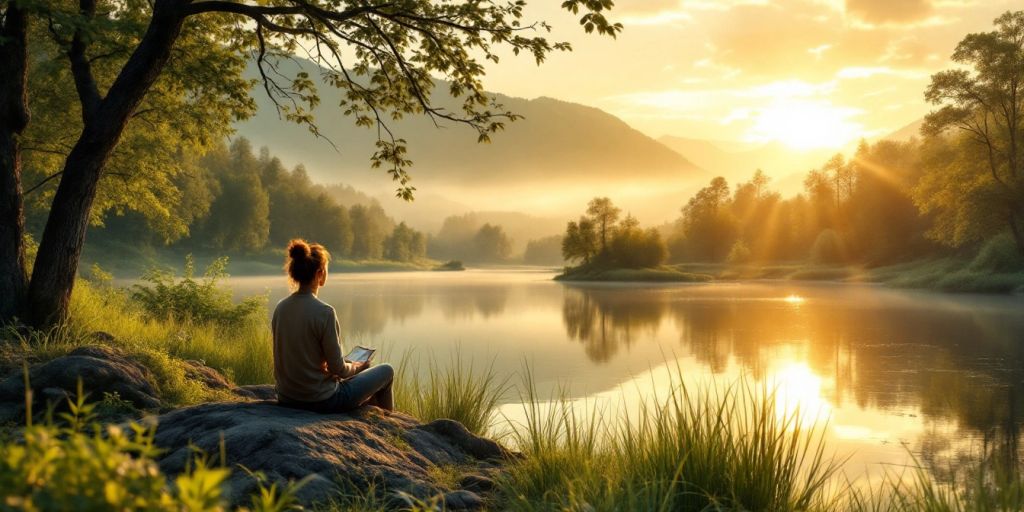 Person relaxing by a tranquil lake at sunset.