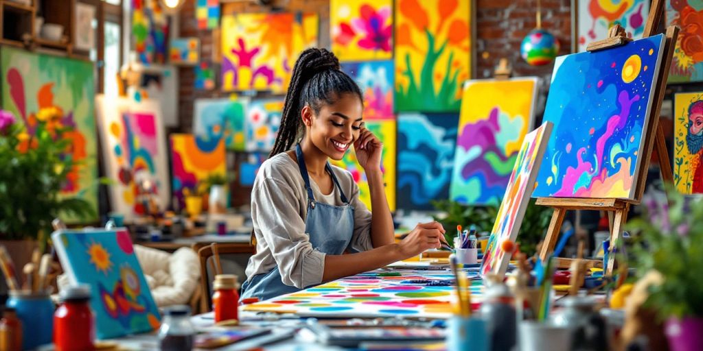 An artist creating a colorful masterpiece in a studio.