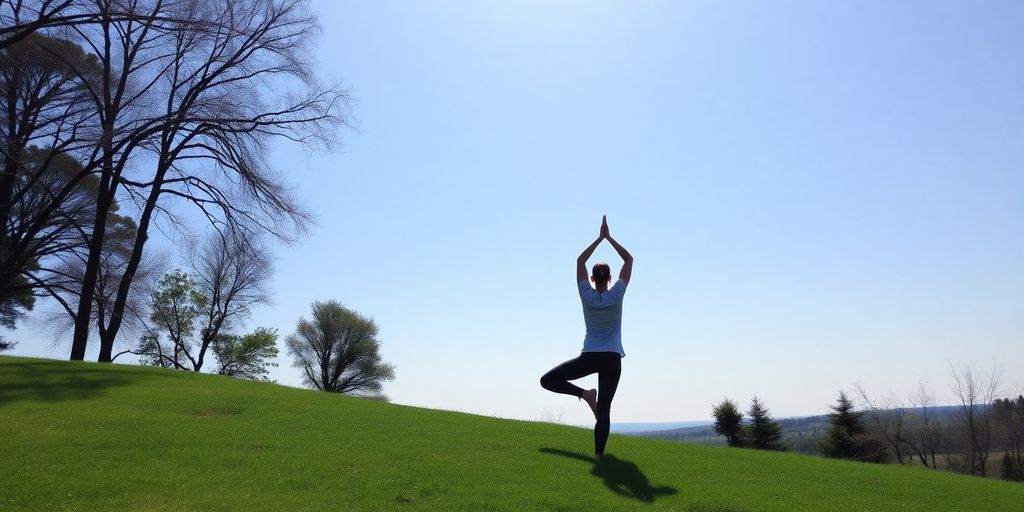 Person practicing yoga in a peaceful outdoor setting.