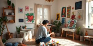 Person painting in a bright, calming art therapy studio.