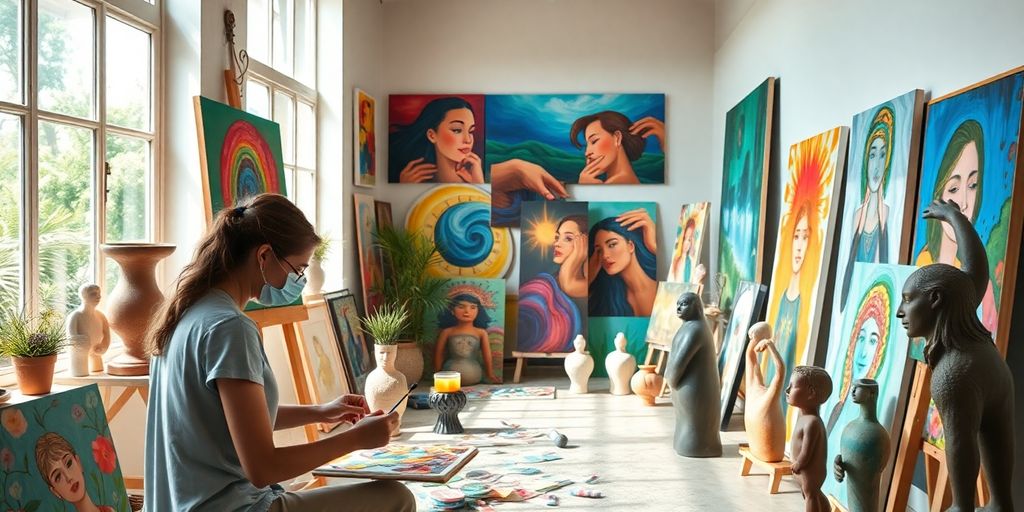 Artist creating in a bright, colorful art studio.