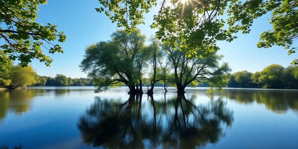 Serene landscape with calm lake and trees.