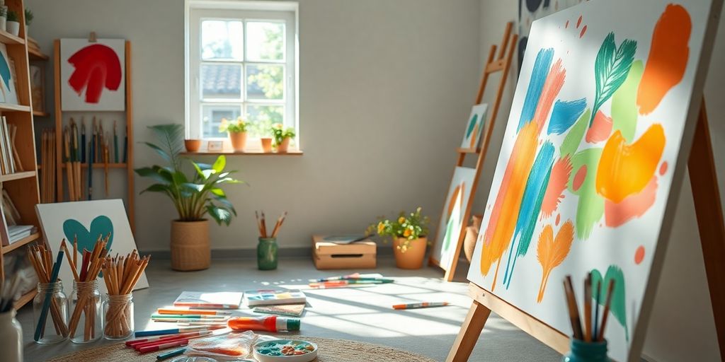 Art supplies and a colorful canvas in a bright room.