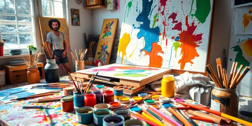 Artist's workspace with colorful paints and brushes.