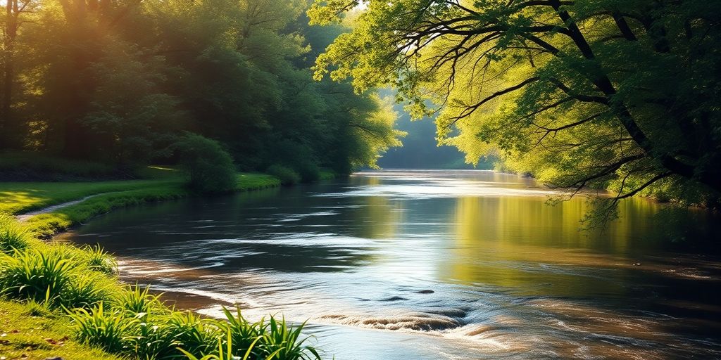 A peaceful landscape with a river and greenery.