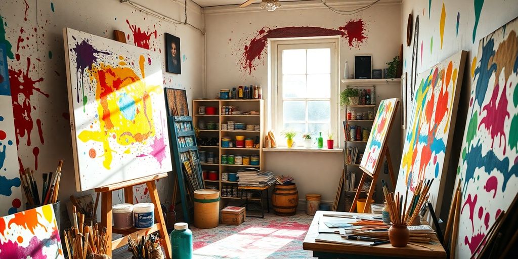 Colorful artist's studio with paints and canvases.