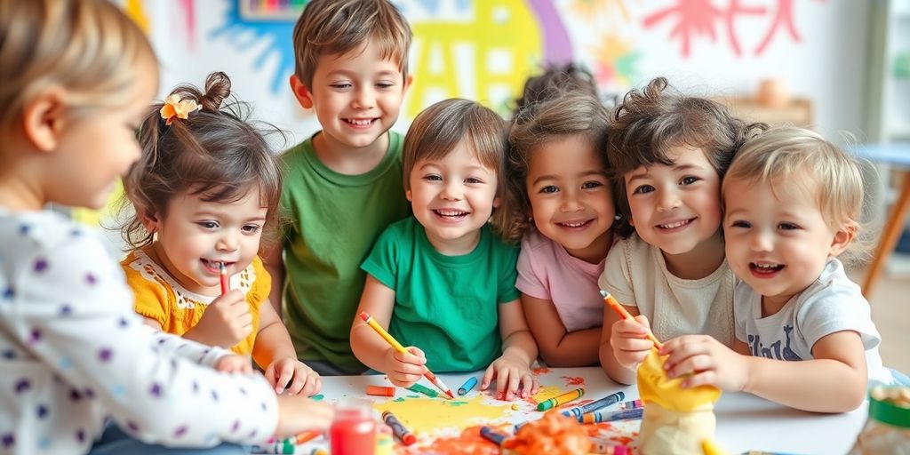 Toddlers creating art with paint and crayons.