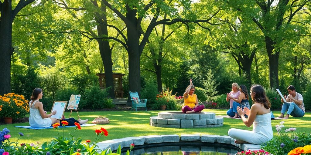 People enjoying outdoor activities for stress relief and wellbeing.