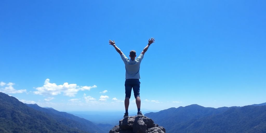 Person celebrating success on a mountain peak.