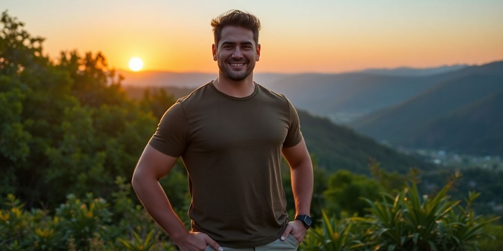 Confident individual standing against a sunset backdrop.