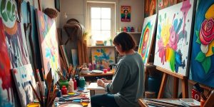 Artist creating colorful artwork in a bright studio.