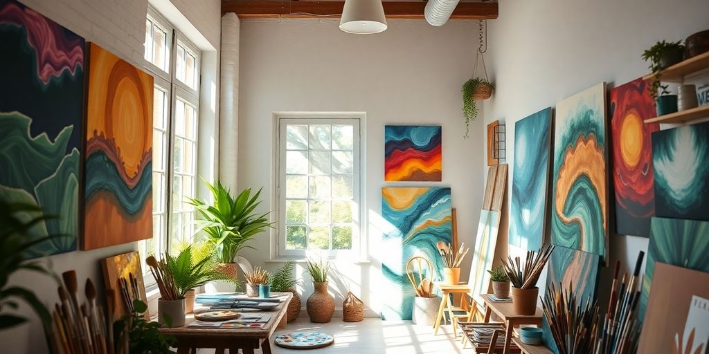 Art studio with colorful paintings and natural light.