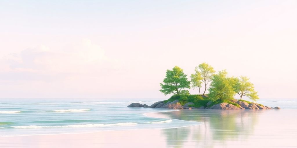 A serene landscape with gentle waves and green trees.