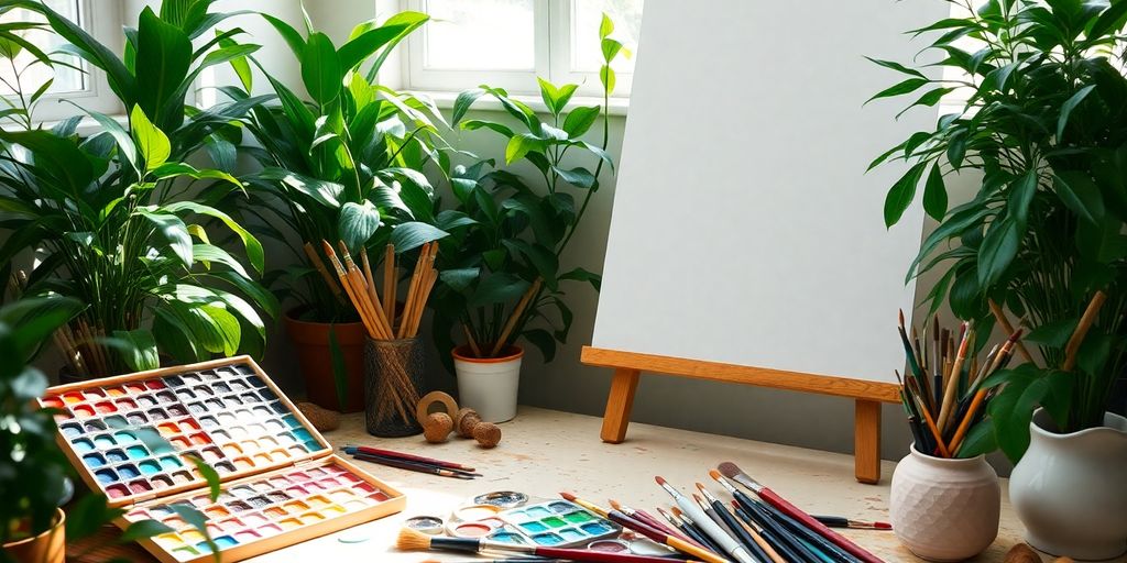 Artist's workspace with palette, brushes, and canvas.