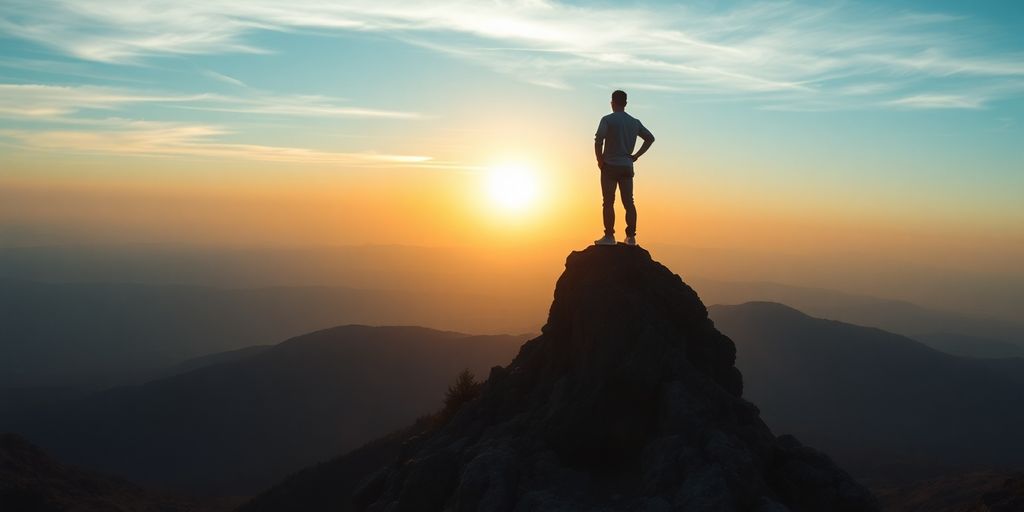 Person on a mountain peak at sunrise, exuding confidence.