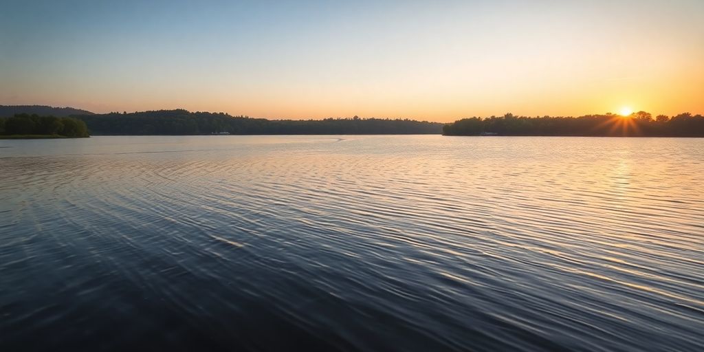 A tranquil lake at sunset surrounded by greenery.